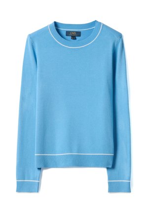 Suéter de manga larga azul claro con ribete blanco en los puños, el dobladillo y el escote, con cuello redondo y una pequeña etiqueta de la marca en el interior.