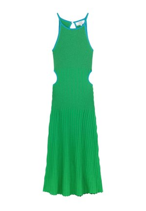 Green knitted dress with ribbed texture, cut-out sides, and blue accents. Features a halter neck and knee-length hem.