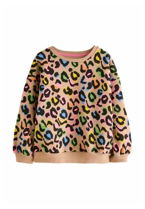 Langærmet beige sweatshirt med flerfarvet leopardprint i blå, grøn, gul, pink og sort, med ribbet kant på ærmer og forneden.