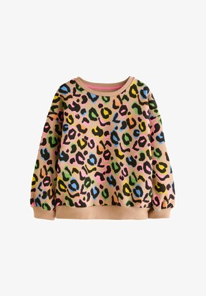 Langærmet beige sweatshirt med flerfarvet leopardprint i blå, grøn, gul, pink og sort, med ribbet kant på ærmer og forneden.