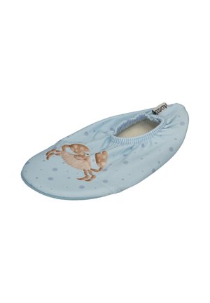 Light blue fabric water shoe with elastic ankle opening and crab graphic on top.