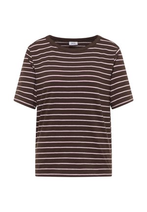 T-shirt marron à manches courtes avec de fines rayures horizontales blanches et un col rond.