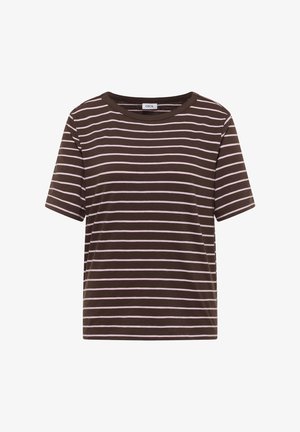 T-shirt marron à manches courtes avec de fines rayures horizontales blanches et un col rond.
