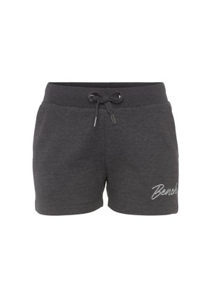 Donkergrijze katoenen shorts in een mengsel met elastische tailleband, trekkoord en zilverkleurig geborduurd logo aan de onderste linkerzijde.