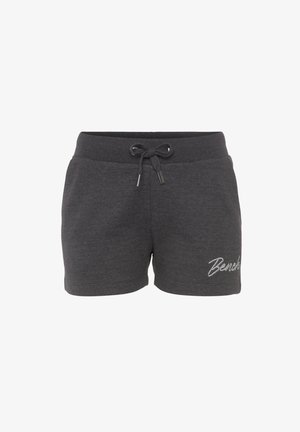 Tumed hallist puuvilla segu lühikesed püksid elastse vöökoha, nööriga ja hõbedase brodeeritud logoga vasakul alakul.