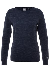 Navy blue long-sleeve sweater made of textured fabric, featuring a classic round neckline and ribbed cuffs, with a small logo on the sleeve.