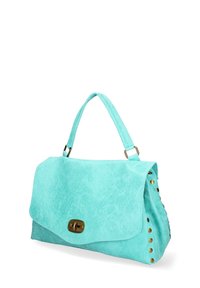 Tijgerblauwe faux suede handtas met een plat ontwerp, bovenhandvat, bronzen hardware en decoratieve schroefaccenten langs één zijde.