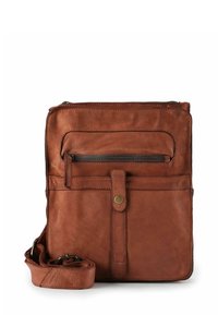 Braune Leder-Crossbody-Tasche mit einem Reißverschluss oben, einer Fronttasche und einem Druckknopfverschluss, verstellbarem Tragegurt und glatter Textur.