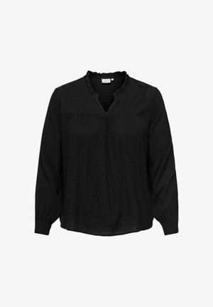 Zwarte blouse met lange mouwen, v-hals, gerimpelde kraag en zacht textiel met subtiele reliëfpatronen in het geheel.