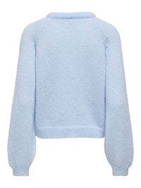 Pull tricoté bleu clair à manches longues, poignets côtelés et ourlet côtelé, vu de dos.