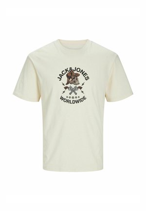 Kreemi värvi puuvillane t-särk, millel on kujutis kolju mütsiga ühes, ristatud tööriistadega ja must tekst "JACK & JONES WORLDWIDE".