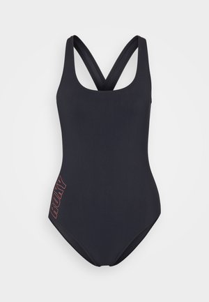 Černé jednodílné plavky s křížovými ramínky, vyrobené z hladkého materiálu. Na levé straně se nachází červené logo "ROXY". Jednoduchý design.