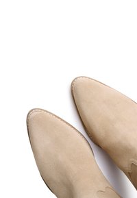 Bottes de cheville en daim beige avec un orteil pointu et une couture décorative le long du bord. Texture lisse avec un design minimaliste.
