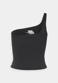 Top court noir à une épaule en tissu doux et extensible. Présente un décolleté courbé et une silhouette ajustée avec un ourlet propre. Logo blanc à l'intérieur.