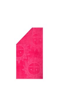 Pink terry towel featuring a raised texture with sun face designs. The towel has a smooth surface and a folded corner for hanging.