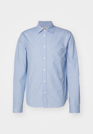 Lichtblauw button-up shirt van katoen met verticale witte strepen, voorzien van een klassieke kraag en knoopmanchetten, met geborduurd logo-detail.