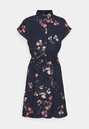 Navy blue short-sleeve dress with floral print, button-up front, and fabric belt tied at the waist.