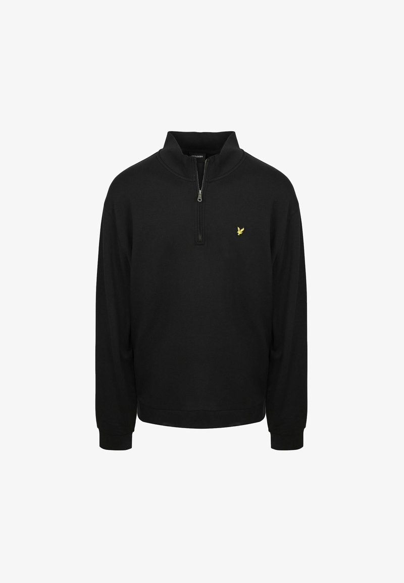 Sort langærmet pullover med kvart lynlås i kraven og lille gul fuglelogo på venstre bryst.