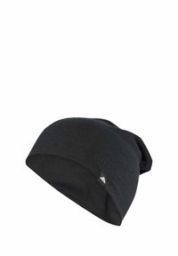 Black beanie hat made of a soft textile material. Features a slouchy design and a small logo tag on the side. Smooth texture.