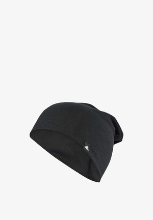 Black beanie hat made of a soft textile material. Features a slouchy design and a small logo tag on the side. Smooth texture.