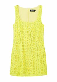 Vestido sin mangas de encaje amarillo con escote cuadrado, patrón floral intrincado y cierre de cremallera en la parte posterior discreto.