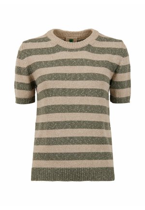 Maglione a maniche corte a righe in beige e verde. Presenta un collo rotondo, una texture morbida e bordi a costine con sottili riflessi nel tessuto.