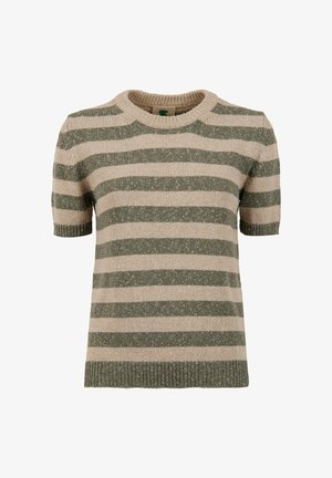 Maglione a maniche corte a righe in beige e verde. Presenta un collo rotondo, una texture morbida e bordi a costine con sottili riflessi nel tessuto.