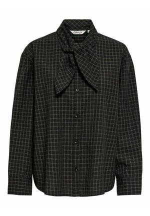 Blouse à manches longues à carreaux foncés avec des boutons sur le devant et un col noué en nœud papillon, en tissu léger.