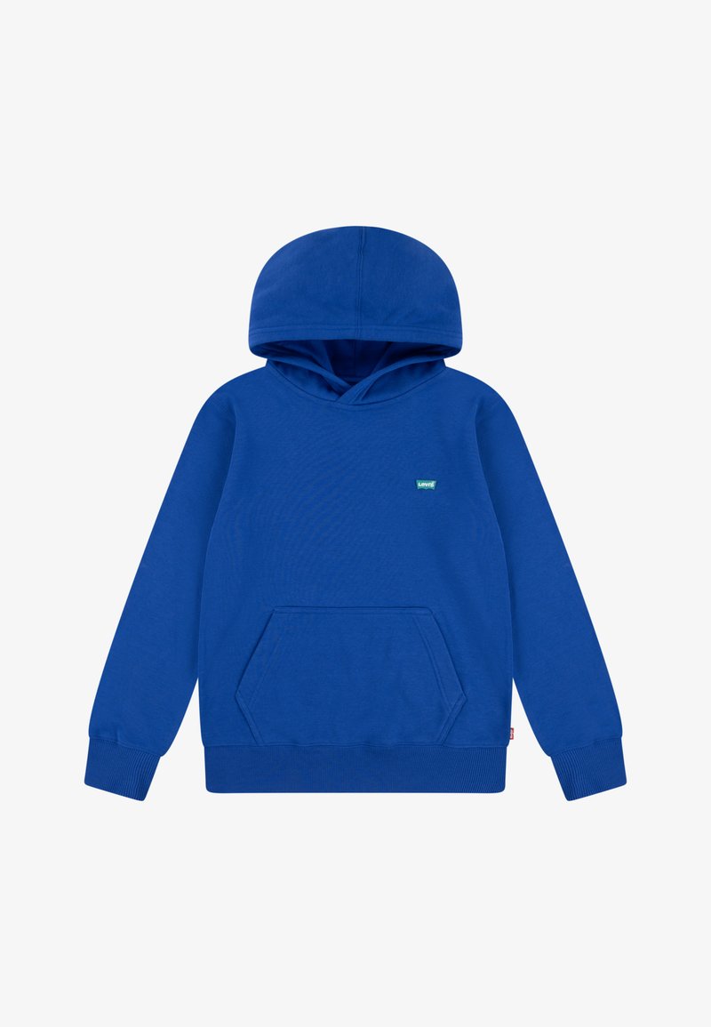 Felpa blu realizzata in tessuto morbido, con tasca frontale a marsupio, polsini e orlo a costine, e un piccolo logo sul petto.