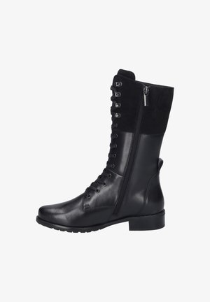 Black leather and suede knee-high boot with lace-up front, side zipper, flat heel, and smooth texture. Features six eyelets and seamless design.