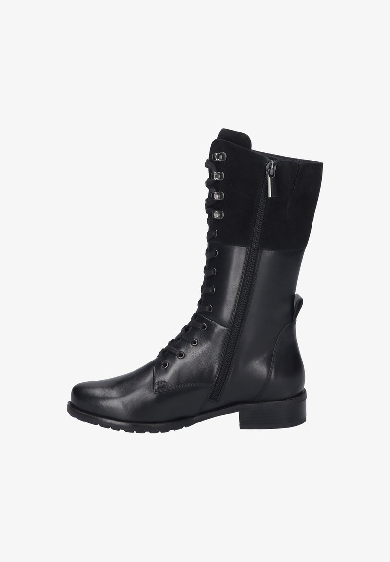 Black leather and suede knee-high boot with lace-up front, side zipper, flat heel, and smooth texture. Features six eyelets and seamless design.