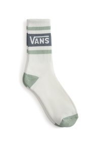 Calcetín blanco tipo crew con rayas verdes y grises, que presenta un prominente logo gris de "VANS" en la parte superior y una puntera y talón verdes sólidos.