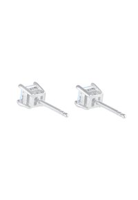 Silberne quadratische Ohrstecker mit einem klaren Zirkonia-Mittelstück, die eine glatte Oberfläche und feine Details in der Fassung aufweisen.