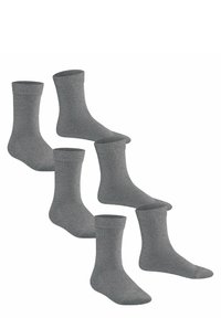 Cinque paia di calze a metà polpaccio di colore grigio uniforme, con un bordo a coste e una texture liscia e lavorata a maglia.