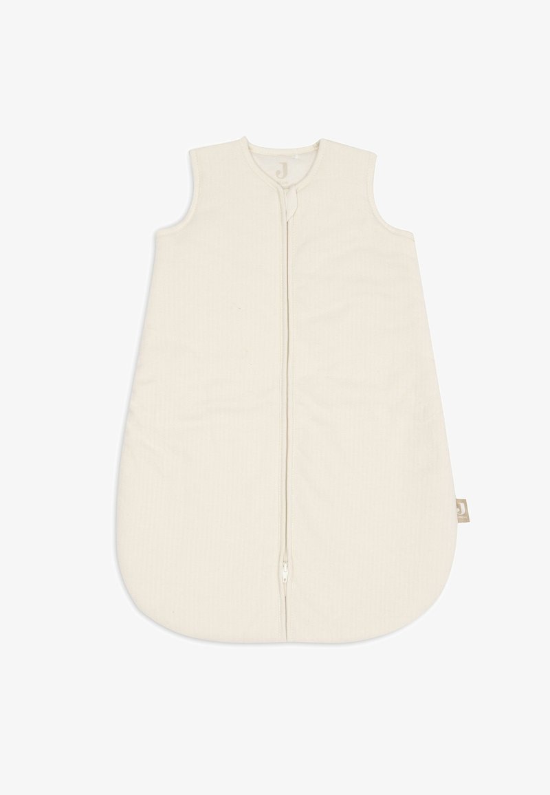 Sleeveless beige baby sleeping sack with front zipper and rounded bottom for safe and comfortable sleep.