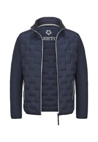 Marineblaue Steppjacke mit gesteppter Musterung und durchgehendem Reißverschluss, mit mesh-strukturierten Ärmeln und reflektierenden Akzenten entlang des Reißverschlusses.