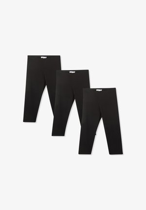 Czarne legginsy w opakowaniu po trzy, wykonane z gładkiego, elastycznego materiału. Każda para ma podstawowy, dopasowany krój z elastycznym pasem.