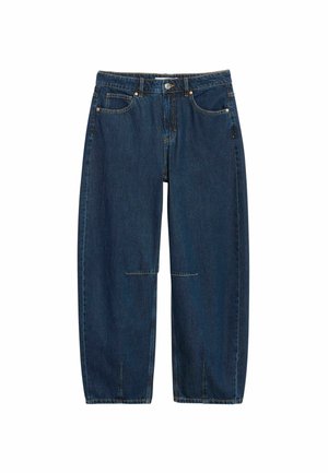 Mørkeblå straight-fit cowboybukser med høj talje, frontknap, bæltestropper, sidelommer og små slidser foran ved buksebenenes kanter.