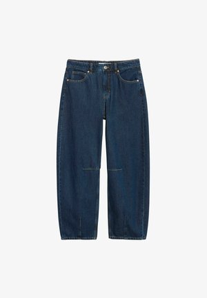 Mørkeblå straight-fit cowboybukser med høj talje, frontknap, bæltestropper, sidelommer og små slidser foran ved buksebenenes kanter.