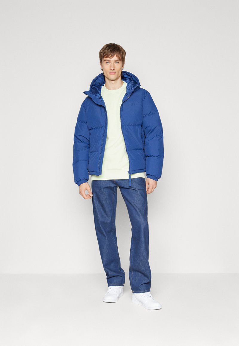 Hombre vestido con una chaqueta acolchada azul sobre un sudadera verde claro, jeans azules y zapatillas blancas, de pie frente a un fondo blanco liso.