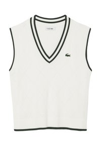 Gilet a maglia senza maniche bianco con scollatura a V profonda, caratterizzato da strisce verdi e un motivo a rombi. Logo Lacoste sul lato sinistro del petto.