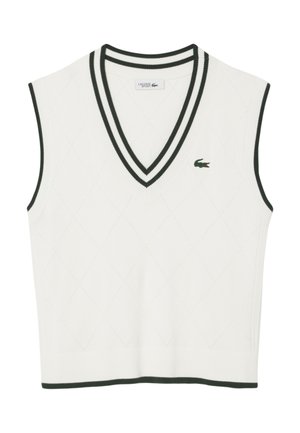 Gilet a maglia senza maniche bianco con scollatura a V profonda, caratterizzato da strisce verdi e un motivo a rombi. Logo Lacoste sul lato sinistro del petto.
