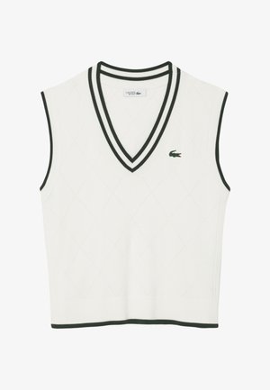 Witte mouwloze gebreide vest met een diepe V-hals, voorzien van groene accentstrepen en een diamanten patroon. Lacoste-logo op de linkerborst.