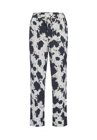 Løse bukser lavet af blødt stof, med et sort og hvidt abstrakt kornprint, en elastisk talje og justerbar snor.