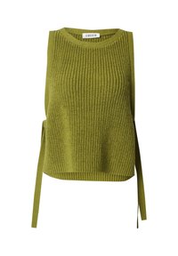 Olivenfarbene gestrickte Tanktop mit strukturiertem Finish, Rundhalsausschnitt und offenen Seiten, die verstellbare Bänder in der Taille haben.