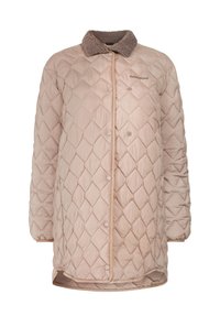 Lichtbeige gewatteerde jas met ruitpatroon, drukknoopsluiting en een bruine fleece kraag, gelabeld "Didriksons" op de borst.