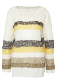 Maglione lavorato a maglia con strisce orizzontali in bianco, giallo, grigio e beige. Morbido al tatto, con scollatura ampia e maniche lunghe.