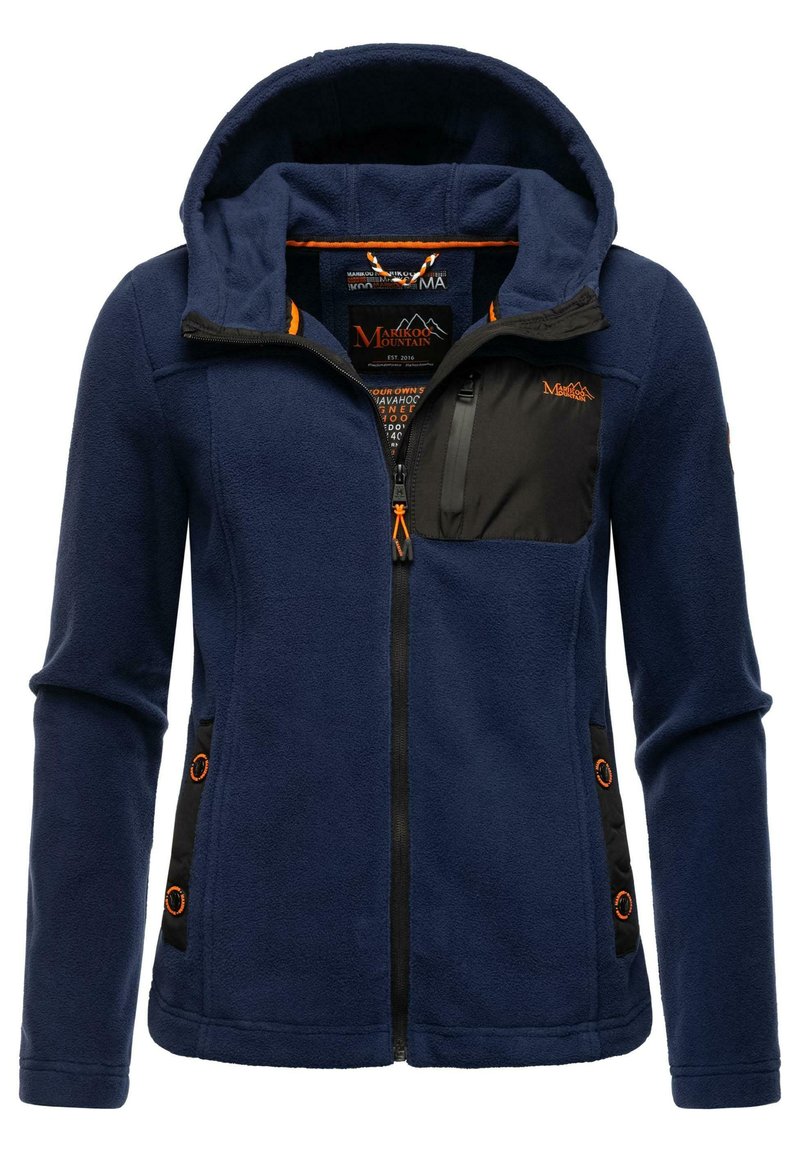 Navy fleece jacket with an orange-accented hood, black zippered chest pocket, and adjustable side toggles for fit. Smooth texture.
