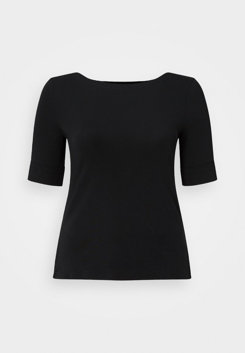 Zwart topje met korte mouwen, een brede boot-halslijn en een nauwsluitend silhouet, getoond tegen een effen lichte achtergrond.