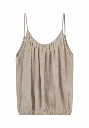 Beżowa damska bluzka bez rękawów z cienkimi ramiączkami, marszczonym dekoltem, luźnym krojem i elastycznym dołem, wykonana z fakturowanej lekkiej tkaniny.